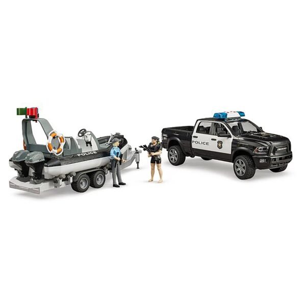 Bruder Ram 2500 Police Pick Up& Trailer with Boat & Figures - Image 5